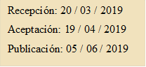 Recepción: 20 / 03 / 2019
Aceptación: 19 / 04 / 2019
Publicación: 05 / 06 / 2019
