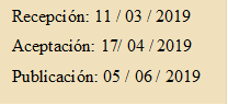 Recepción: 11 / 03 / 2019
Aceptación: 17/ 04 / 2019
Publicación: 05 / 06 / 2019
