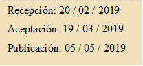 Recepción: 20 / 02 / 2019
Aceptación: 19 / 03 / 2019
Publicación: 05 / 05 / 2019
