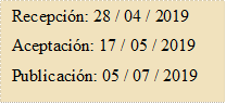 Recepción: 28 / 04 / 2019
Aceptación: 17 / 05 / 2019
Publicación: 05 / 07 / 2019
