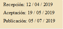 Recepción: 12 / 04 / 2019
Aceptación: 19 / 05 / 2019
Publicación: 05 / 07 / 2019
