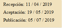 Recepción: 11 / 04 / 2019
Aceptación: 19 / 05 / 2019
Publicación: 05 / 07 / 2019
