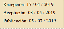 Recepción: 15 / 04 / 2019
Aceptación: 03 / 05 / 2019
Publicación: 05 / 07 / 2019
