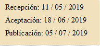 Recepción: 11 / 05 / 2019
Aceptación: 18 / 06 / 2019
Publicación: 05 / 07 / 2019
