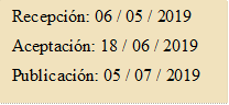 Recepción: 06 / 05 / 2019
Aceptación: 18 / 06 / 2019
Publicación: 05 / 07 / 2019
