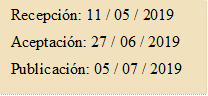 Recepción: 11 / 05 / 2019
Aceptación: 27 / 06 / 2019
Publicación: 05 / 07 / 2019
