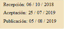 Recepción: 06 / 10 / 2018
Aceptación: 25 / 07 / 2019
Publicación: 05 / 08 / 2019
