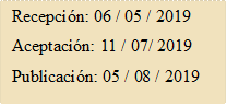 Recepción: 06 / 05 / 2019
Aceptación: 11 / 07/ 2019
Publicación: 05 / 08 / 2019
