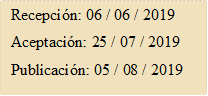 Recepción: 06 / 06 / 2019
Aceptación: 25 / 07 / 2019
Publicación: 05 / 08 / 2019
