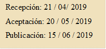 Recepción: 21 / 04/ 2019
Aceptación: 20 / 05 / 2019
Publicación: 15 / 06 / 2019
